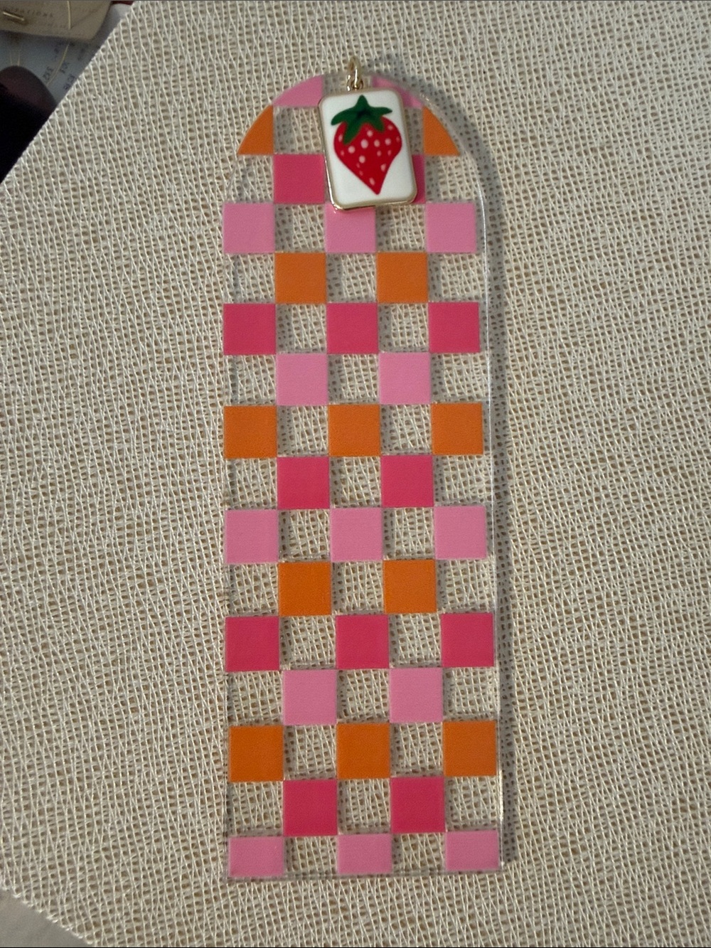 Checkerboard Acrylic Bookmark with Strawberry Charm - Pink & Orange